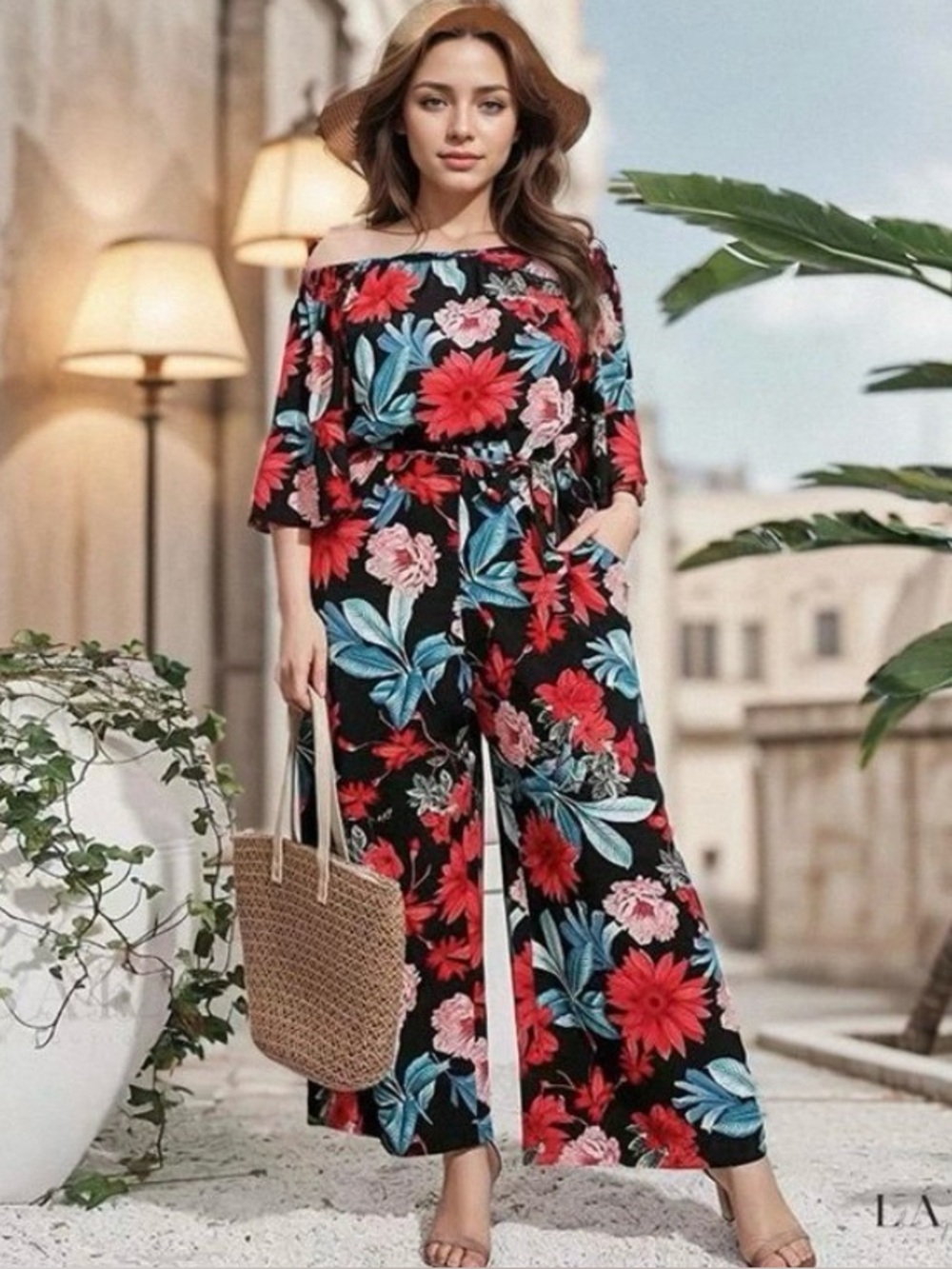 Off-Shoulder Floral Jumpsuit Romper Black with Red Blooms. Size Medium
